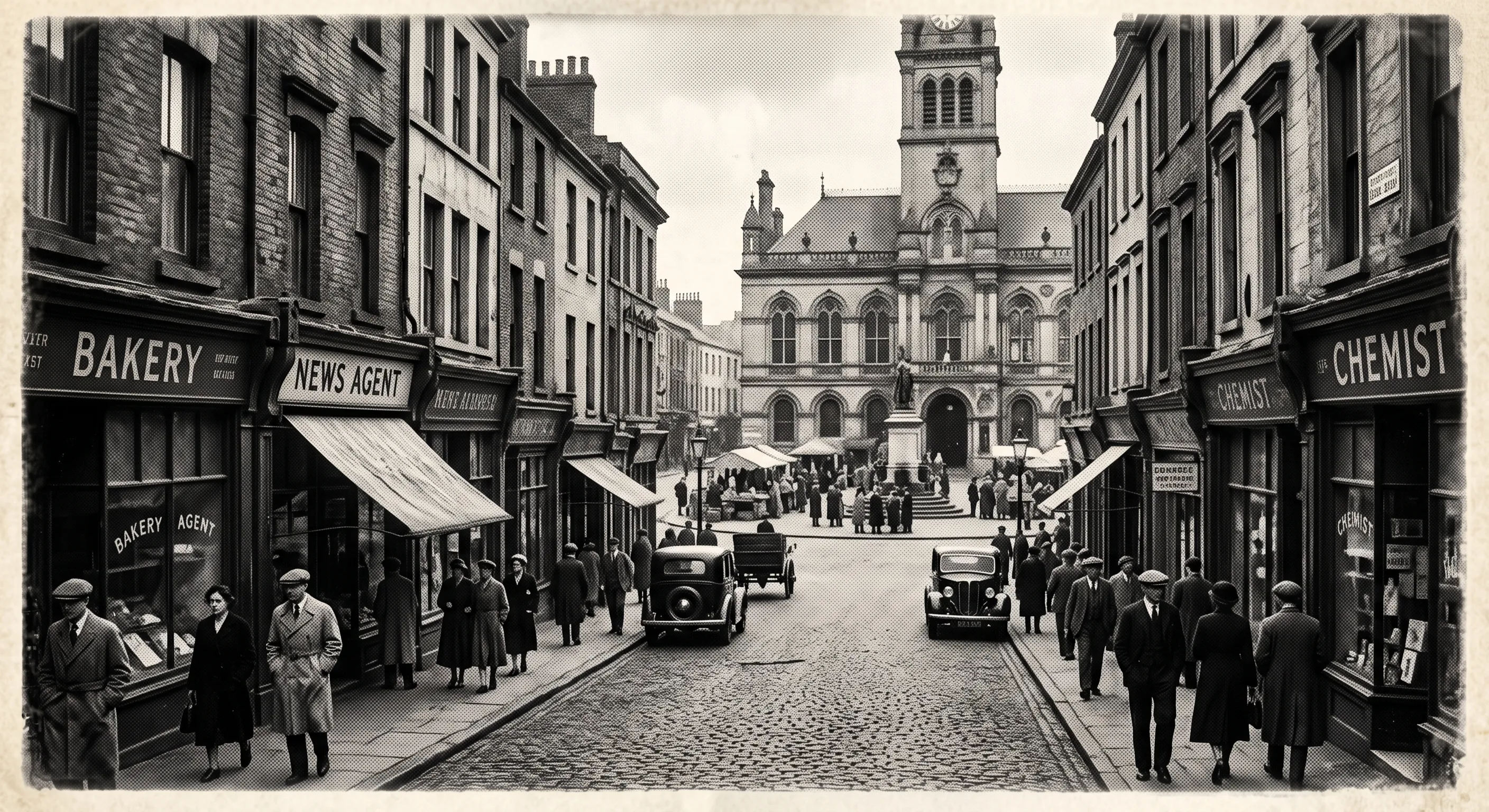 A busy high street of shopfronts and passersby, rendered in the style of an old photograph